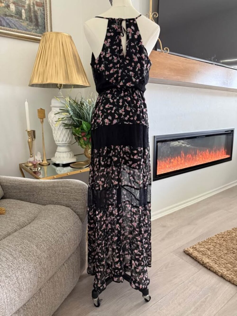 Black Floral Maxi Dress Women Small Boho Lace Layered Spaghetti Straps Size L - Picture 5 of 14
